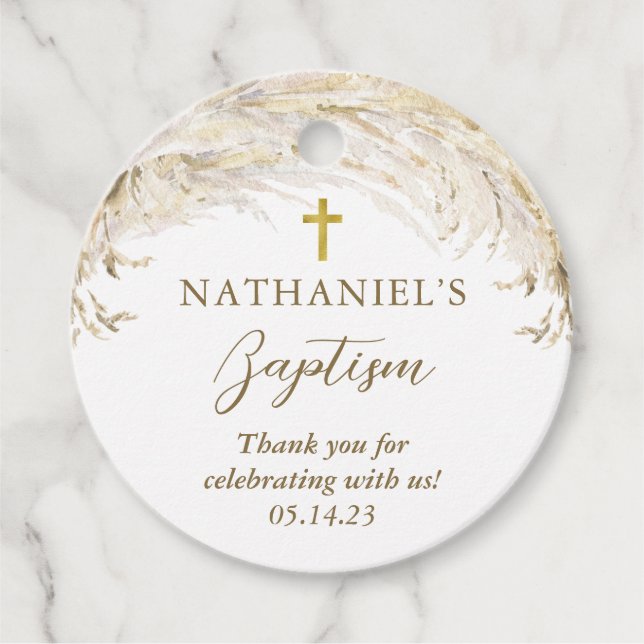 Boho Pampas Grass Modern Baptism Favor Tags (Front)