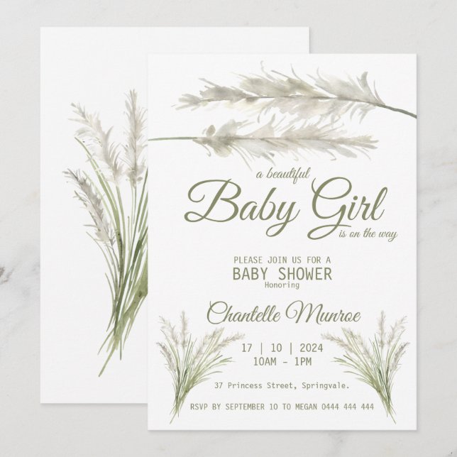 Boho Pampas Grass Modern Bohemian Baby Shower  Invitation (Front/Back)