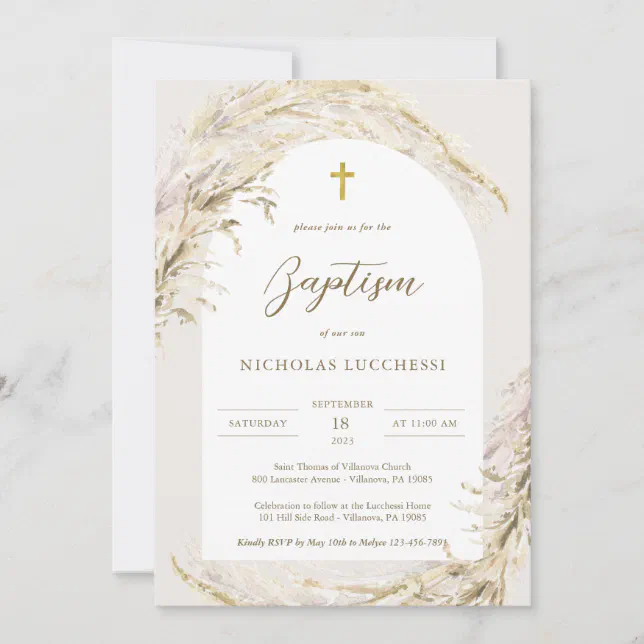 Boho Pampas Grass Modern Twins Baptism Invitation | Zazzle