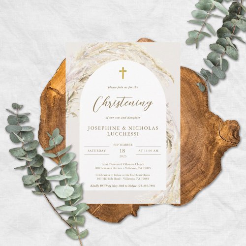 Boho Pampas Grass Modern Twins Christening Invitation