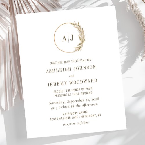 Boho Pampas Grass Monogram Wedding Invitation