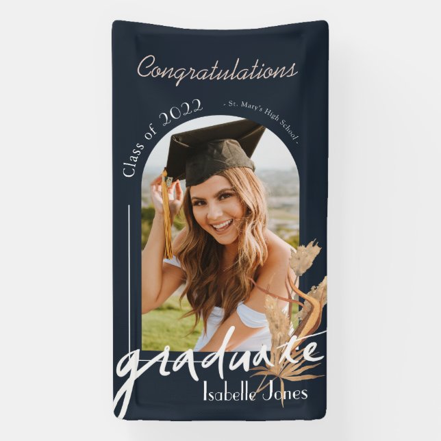 Boho Pampas Grass Navy Photo Graduation Banner (Vertical)