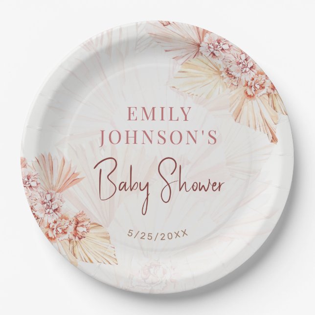 Boho Pampas Grass Neutral Baby Shower Bohemian Paper Plates (Front)