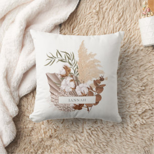 Boho Pampas Grass Neutral Botanical Name Throw Pillow