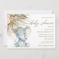 Boho Pampas Grass Neutral Elephant Baby Shower  Invitation