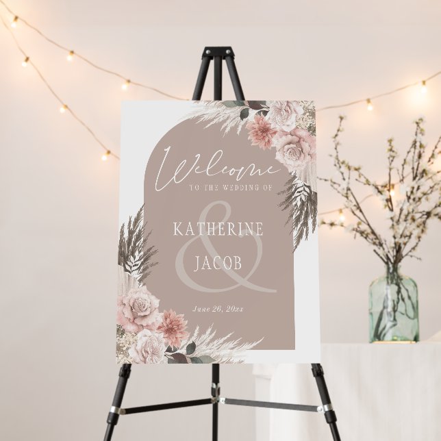 Boho Pampas Grass Neutral Wedding Welcome Sign (In Situ (Stand))