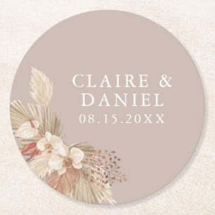 Boho Pampas Grass Neutrals Wedding Round Paper Coaster