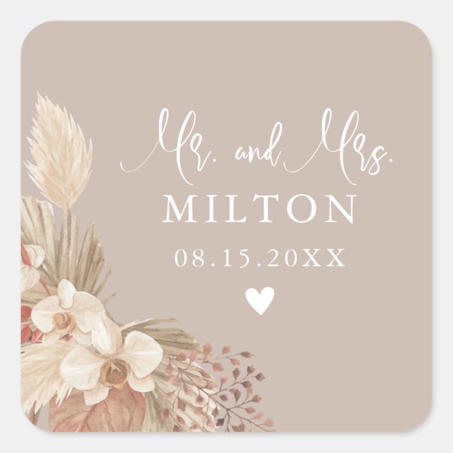 Boho Pampas Grass Neutrals Wedding Square Sticker (Front)