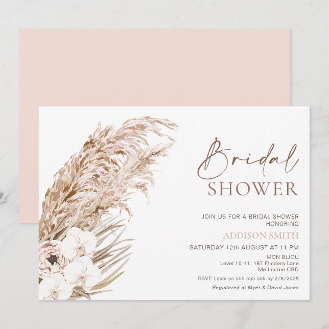 Boho Pampas Grass Orchards Floral Bridal Shower Invitation (Front/Back)