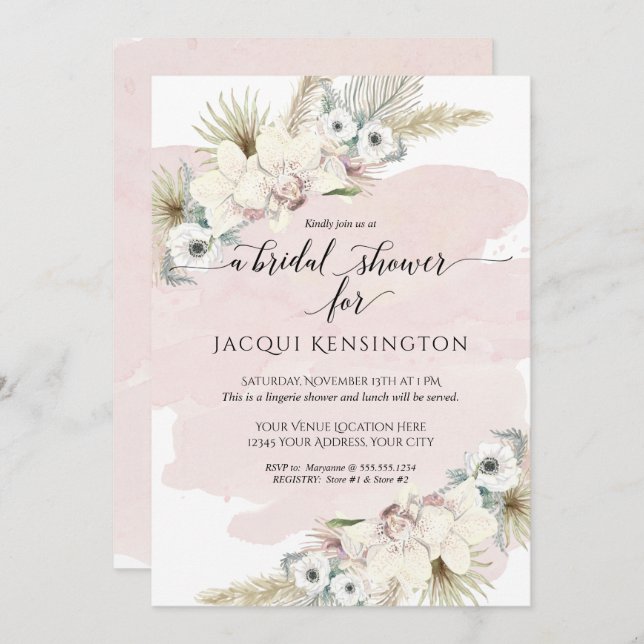 Boho Pampas Grass Orchid Blush Floral Wedding Invitation (Front/Back)