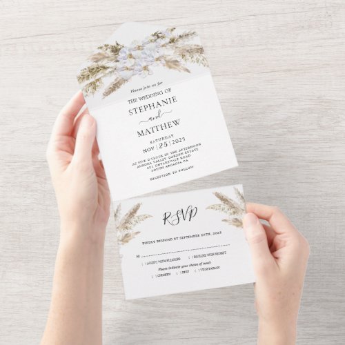 Boho Pampas Grass Orchid Botanical Wedding All In One Invitation