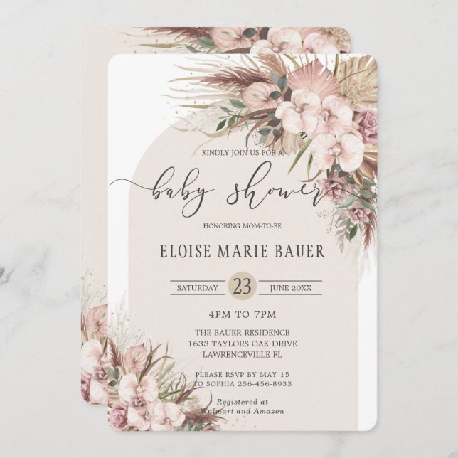 Boho Pampas Grass Orchid Floral Arch Baby Shower Invitation (Front/Back)