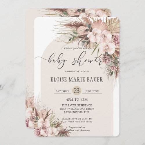 Boho Pampas Grass Orchid Floral Arch Baby Shower Invitation