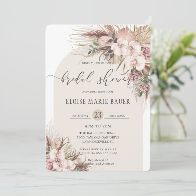 Boho Pampas Grass Orchid Floral Arch Bridal Shower Invitation (Standing Front)