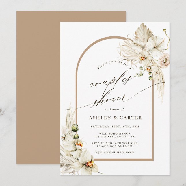 Boho Pampas Grass Orchid Floral Couples Shower Invitation (Front/Back)
