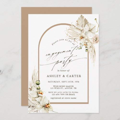 Boho Pampas Grass Orchid Floral Engagement Party Invitation
