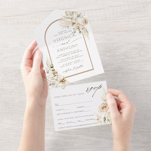 Boho Pampas Grass Orchid Floral Wedding All In One Invitation