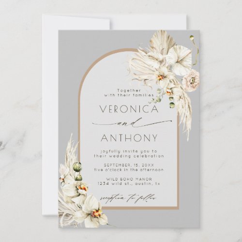 Boho Pampas Grass Orchid Floral Wedding Grey Invitation