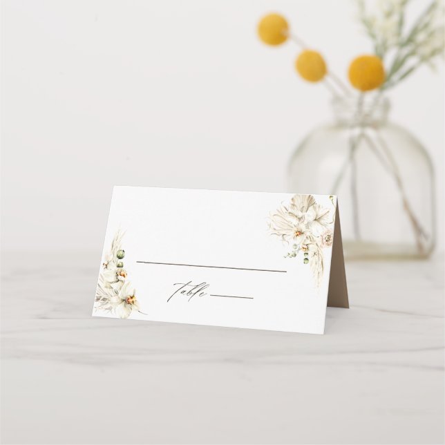 Boho Pampas Grass Orchid Floral Wedding Place Card (Front)