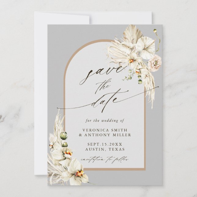 Boho Pampas Grass Orchid Gray Wedding Photo  Save The Date (Front)