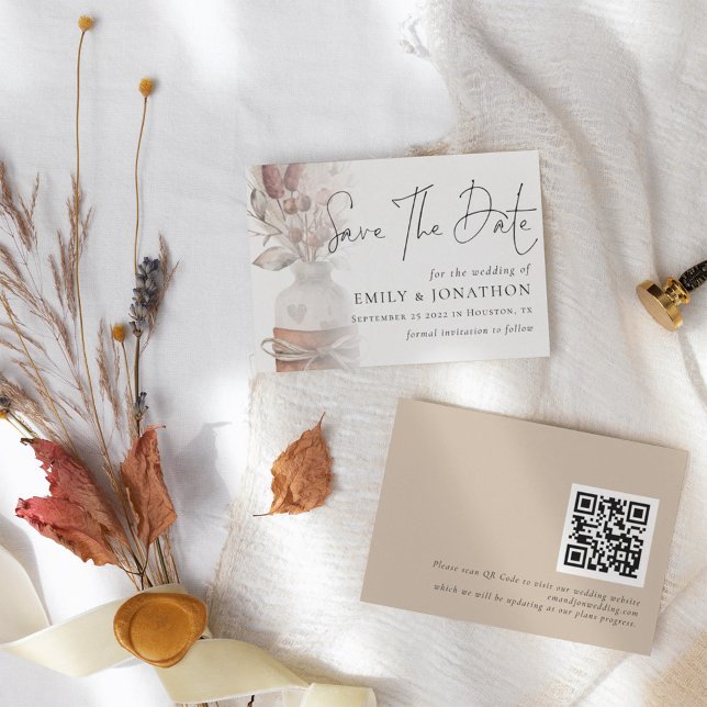Boho Pampas Grass Overlay QR Code Wedding Save The Date (Creator Uploaded)