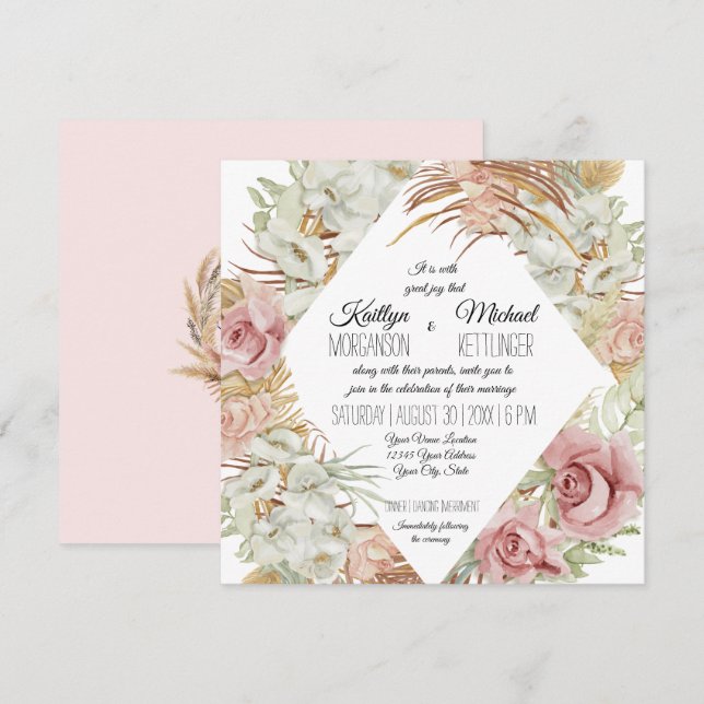 BOHO Pampas Grass Palm Foliage Blush Orchid Floral Invitation (Front/Back)