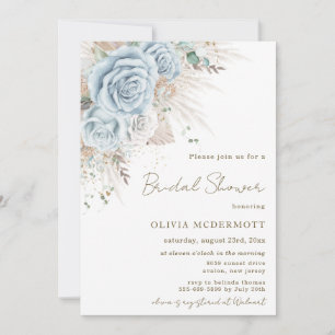 Boho Pampas Grass Pastel Blue Floral Bridal Shower Invitation