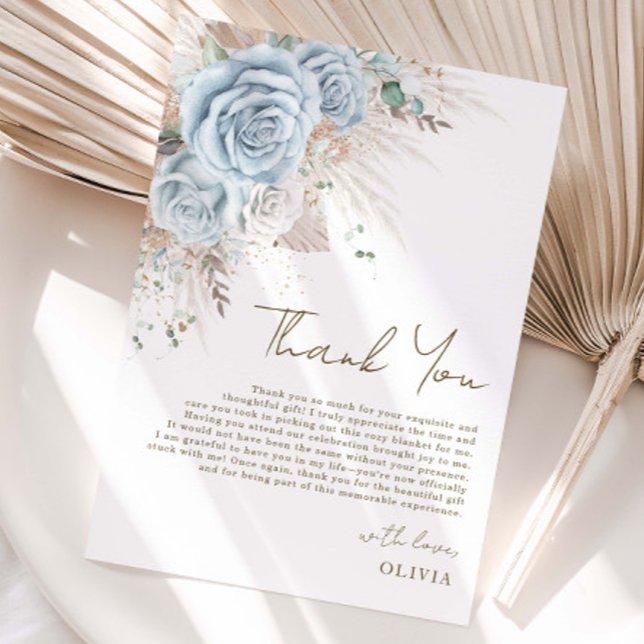 Boho Pampas Grass Pastel Blue Floral Bridal Shower Thank You Card (Creator Uploaded)
