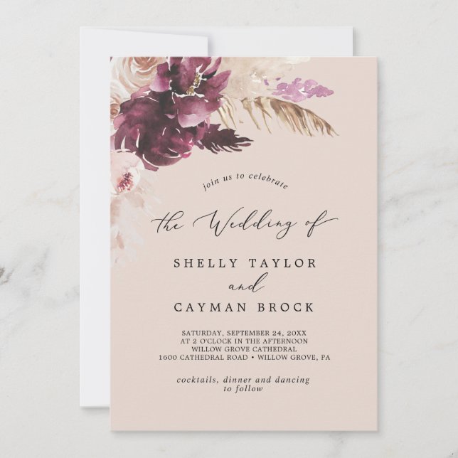 Boho Pampas Grass | Peach Monogram Back Wedding Invitation (Front)