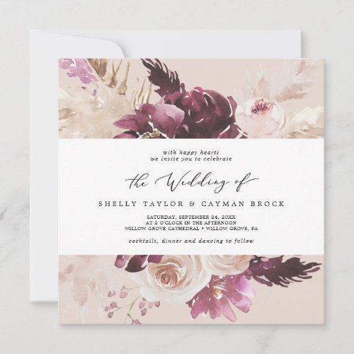 Boho Pampas Grass Peach Square Wedding Invitation