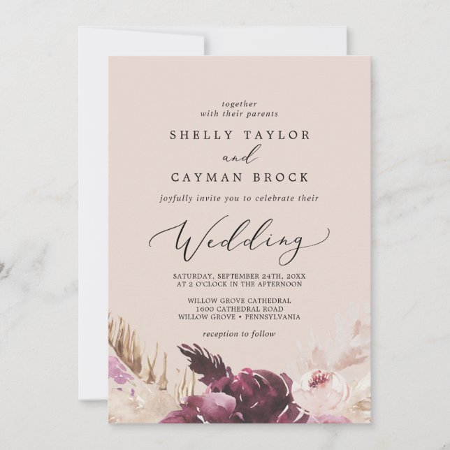 Boho Pampas Grass | Peach Wedding Invitation (Front)