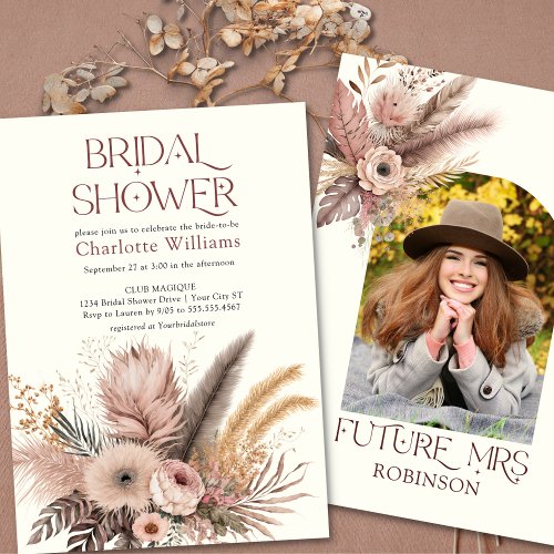 Boho Pampas Grass Photo Bridal Shower Invitation