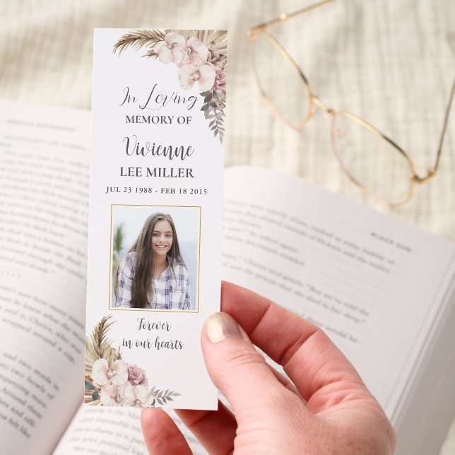 Boho Pampas Grass Photo Funeral Memorial Bookmark (Hand)