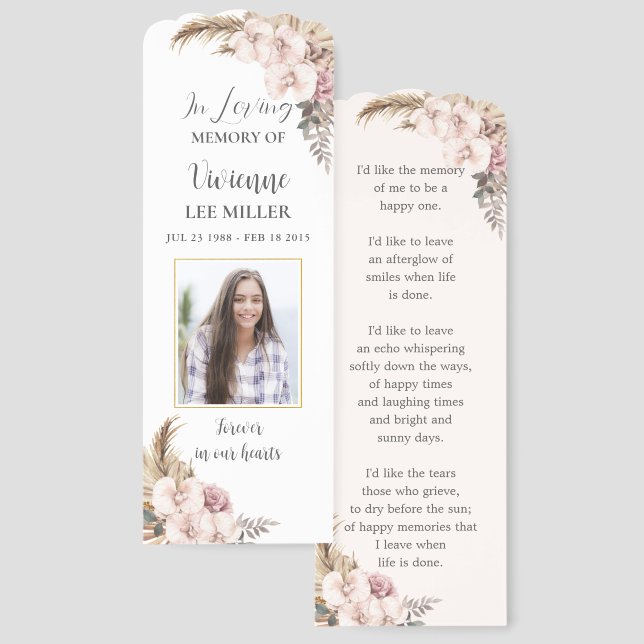 Boho Pampas Grass Photo Funeral Memorial Bookmark (Front & Back)