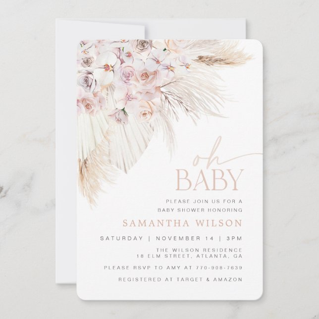 Boho Pampas Grass Pink Baby Shower Invitation (Front)