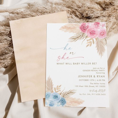 Boho Pampas Grass Pink Blue Gender Reveal Invitation