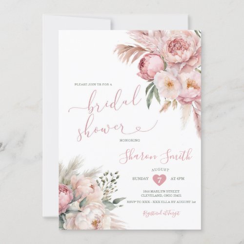 Boho Pampas Grass Pink Dried Flowers Bridal Shower Invitation