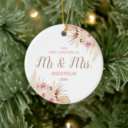 Boho Pampas Grass Pink Floral as Mr and Mrs Ceramic Ornament