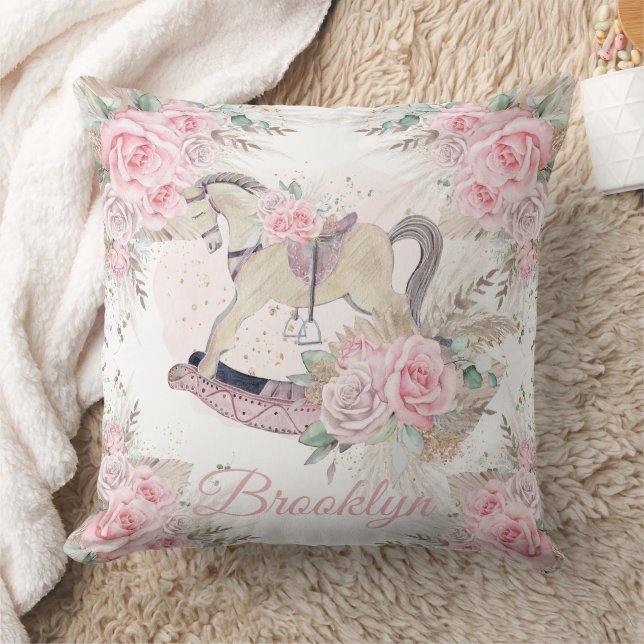 Boho Pampas Grass Pink Floral Rocking Horse Throw Pillow (Blanket)