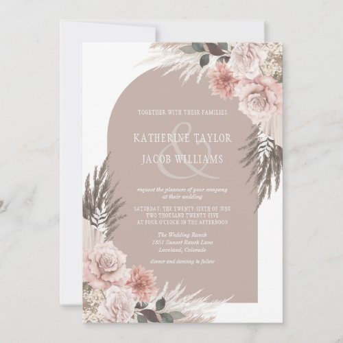 Boho Pampas Grass Pink Floral Wedding Invitation