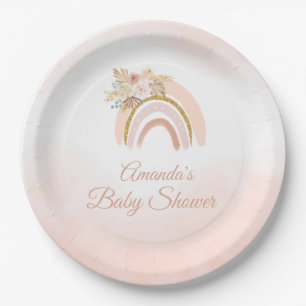 Boho Pampas Grass pink Rainbow girl Baby shower Paper Plates