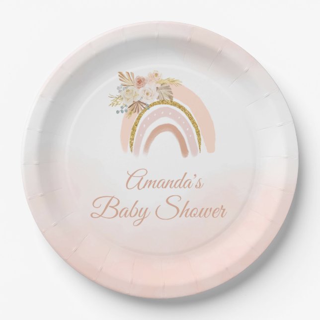 Boho Pampas Grass pink Rainbow girl Baby shower  Paper Plates (Front)