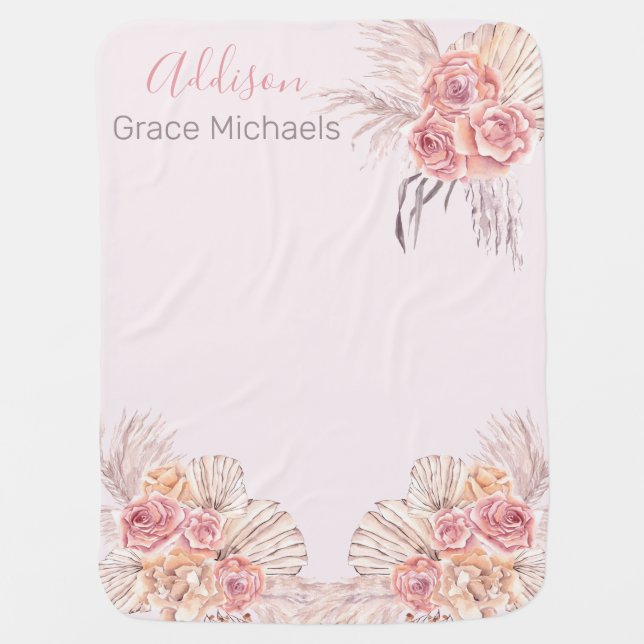 Boho Pampas Grass | Pink Rose Blooms Baby Girl Baby Blanket (Front)