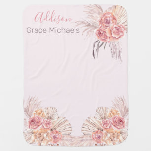Boho Pampas Grass   Pink Rose Blooms Baby Girl Blanket