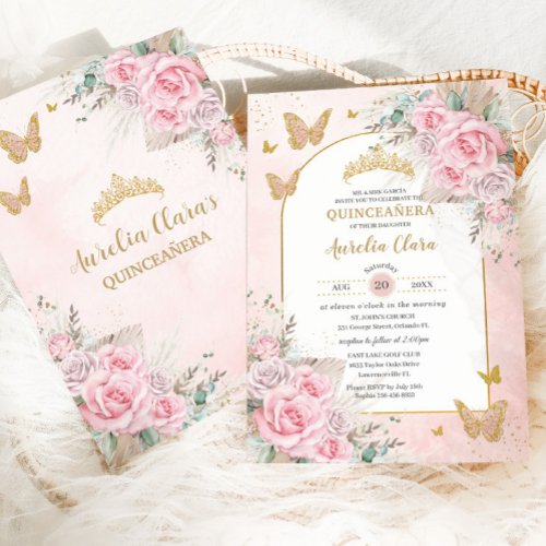 Boho Pampas Grass Pink Roses Floral Quinceaera Invitation