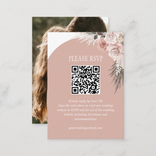 Boho Pampas Grass Pink Wedding Website QR Code Enclosure Card