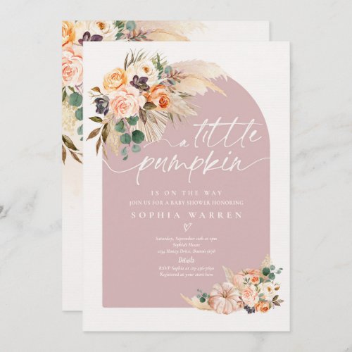 Boho Pampas Grass Pumpkin Baby Shower Dusty Pink Invitation