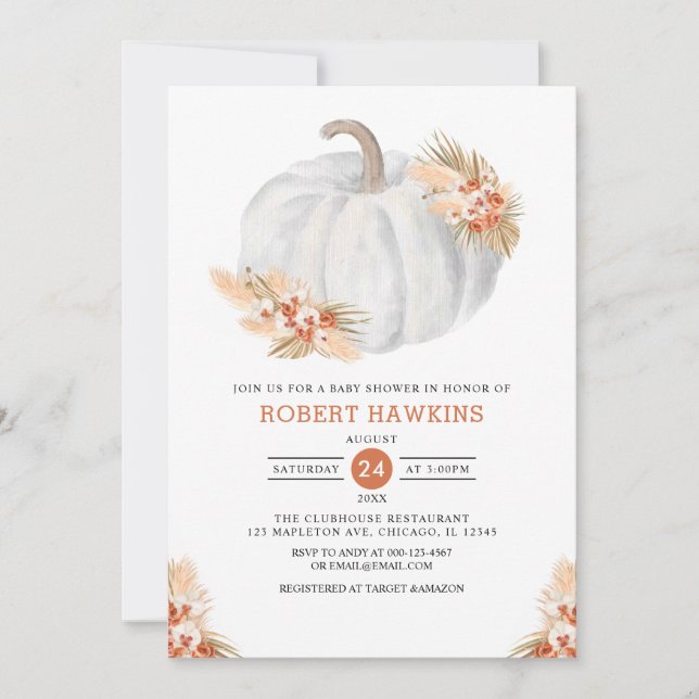 Boho Pampas Grass Pumpkin Baby Shower Invitation (Front)