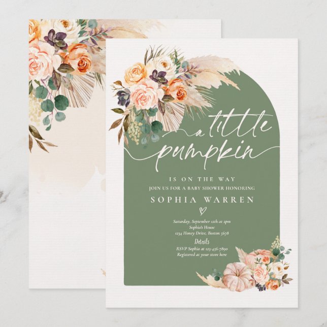Boho Pampas Grass Pumpkin Baby Shower Sage Green Invitation (Front/Back)