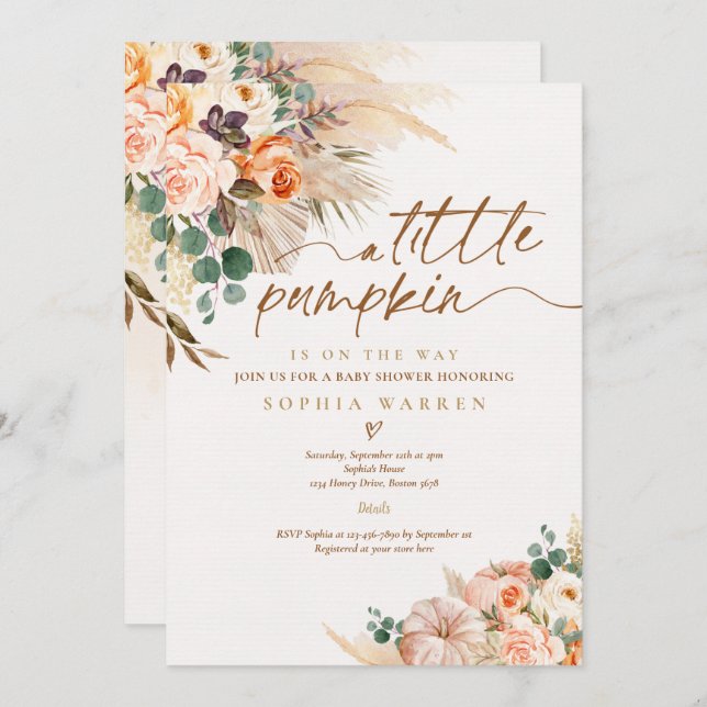 Boho Pampas Grass Pumpkin Baby Shower Terracotta  Invitation (Front/Back)